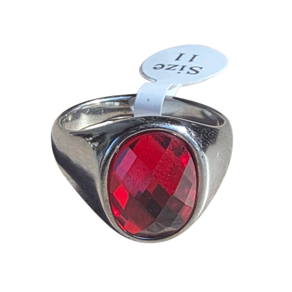 Stainless Steel Ring with Red Gemstone